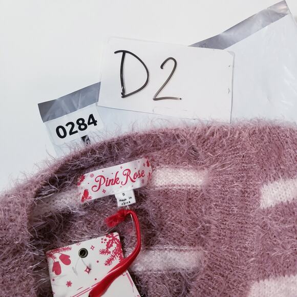 Pink Rose Pullover Stripes Eyelash Knit Sweater Long Sleeves - Picture 11 of 11